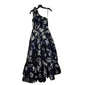 Mac Duggal NWT One Shoulder Bow Detail Hi-Low Brocade Gown in Midnight Size 2